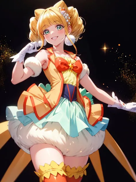 masterpiece, best quality, looking at viewer, depth of field, standing, cowboy shot, open hands, 
1girl, <lora:locon_cure_sparkle_01:0.9>, cure sparkle, twintails, double bun, hair ornament, orange vest, ribbon, bubble skirt, high-waist skirt, white gloves, thighhighs, choker, petticoat, high heels, 
smile, (gradient background), lens flare,