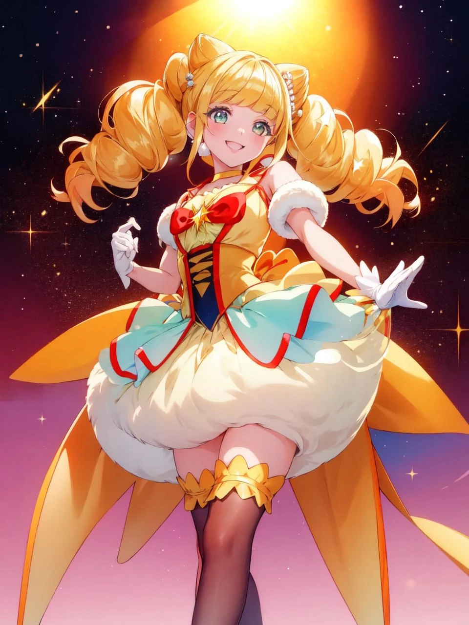 masterpiece, best quality, looking at viewer, depth of field, standing, full body,
1girl, <lora:locon_cure_sparkle_01:0.9>, cure sparkle, twintails, double bun, hair ornament, vest, ribbon, bubble skirt, high-waist skirt, white gloves, thighhighs, choker, petticoat, high heels,
smile, (gradient background), lens flare,