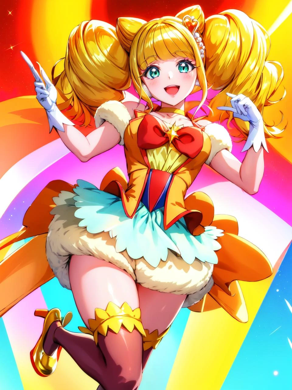 masterpiece, best quality, looking at viewer, depth of field, standing,
1girl, <lora:locon_cure_sparkle_01:0.9>, cure sparkle, twintails, double bun, hair ornament, vest, ribbon, bubble skirt, high-waist skirt, white gloves, thighhighs, choker, petticoat, high heels,
smile, (gradient background), lens flare,