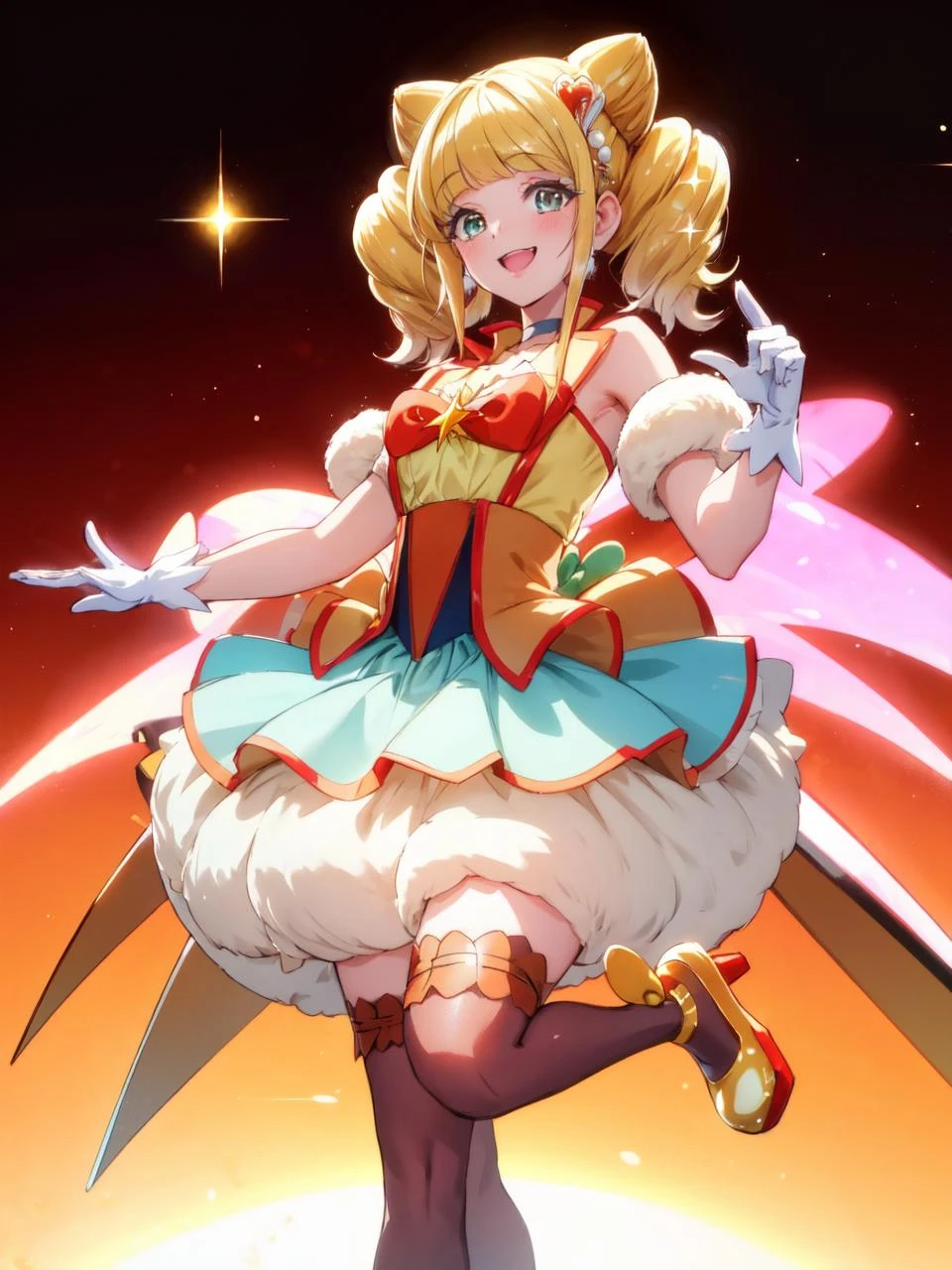 masterpiece, best quality, looking at viewer, depth of field, standing,
1girl, <lora:locon_cure_sparkle_01:0.9>, cure sparkle, twintails, double bun, hair ornament, vest, ribbon, bubble skirt, high-waist skirt, white gloves, thighhighs, choker, petticoat, high heels,
smile, (gradient background), lens flare,