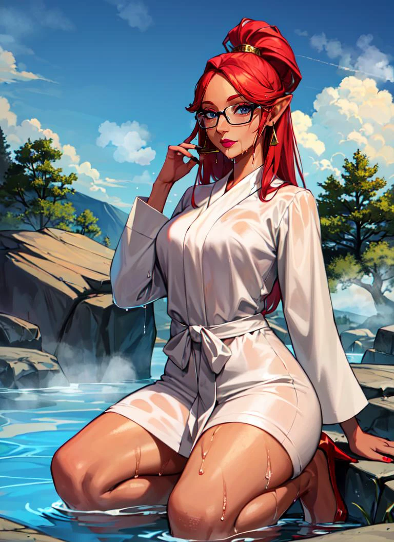 ((best quality)), ((highly detailed)), masterpiece, absurdres, extremely detailed face, beautiful face, (detailed eyes, deep eyes), (1girl), (glasses), straight-on, on one knee, <lora:Gerudo:.7>, gerudo, long hair, red hair, (dark skin), big nose, medium breasts, purple lips, lipstick, gold jewelry, cyan clothes, gold high heels, outside, at a hot spring, pool, (((steam))), rocks, (partially submerged), (wading), (wet), <lora:NakedBathrobeV1:1>, naked bathrobe, long sleeves, wet hair, afternoon