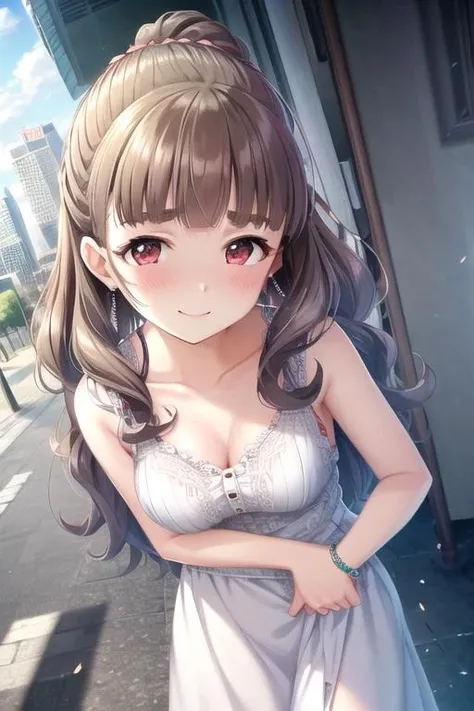 4k,ultra-detailed eyes, ultra-detailed, extremely detailed CG, masterpiece, best quality, extremely detailed CG, (soft shadows), (post processing:1.4), (extremety fine and beautiful:1.4) ,kamiya nao, shy expression, medium breasts, 1girl, solo, long hair, looking at viewer, blush, smile, brown hair, sleeveless, dress, sleeveless dress, ribbon, red eyes, jewelry, hair ribbon, earrings, puffy, white dress, bracelet, city background, outdoors, summer, nsfw, collarbone, bare arms, standing, <lora:Kamiya_Nao-08:0.8>