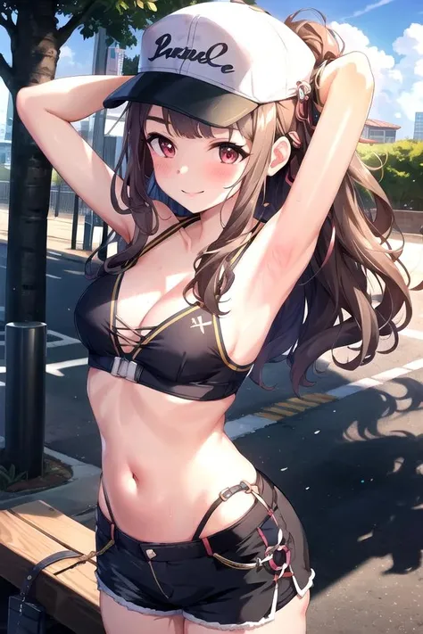 looking_at_viewer, (front view), ultra-detailed eyes, ultra-detailed, extremely detailed CG, masterpiece, best quality, extremely detailed CG, (soft shadows), (extremety fine and beautiful:1.4),
1girl, armpits, arms_behind_head, arms_up, bangle, bangs, bare_shoulders, baseball_cap, bench, black_shorts, blush, bracelet, breasts, red eyes, brown_hair, bush, cleavage, collarbone, day, handcuffs, hat, highleg, medium_breasts, long_hair, navel, outdoors, peaked_cap, plant, ribbon, road, short_shorts, shorts, sidelocks, smile, solo, stomach, thighs, tree, wristband ,nsfw<lora:Kamiya_Nao-07:0.7>