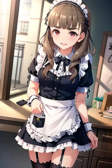 cute girl, ultra-detailed eyes, ultra-detailed, extremely detailed CG, masterpiece, best quality, extremely detailed CG, (soft shadows), (extremety fine and beautiful:1.8), kamiya nao, 1girl, apron, black_bow, black_legwear, black_ribbon, blunt_bangs, bow, brown_hair, enmaided, long_hair, maid, maid_apron, maid_headdress, red_eyes, ribbon, smile, solo, thighhighs, white_apron, wrist_cuffs, <lora:Kamiya_Nao-05:0.8>