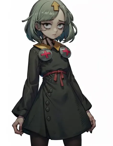(masterpiece, best quality, high resolution, unity 8k wallpaper, extremely detailed CG:1.2), (illustration:1.0), beautiful detailed eyes, extremely detailed face, perfect lighting,white hair,  (perfect hands,perfect anatomy),arm behind back,  1girl, cute,teen, child, delilahms, long sleeves,[black hair: green hair], buttons, long dress, pantyhose,  cross, black dress, <lora:MurkySpecial:0.8>  , <lora:DelilahMS:1>