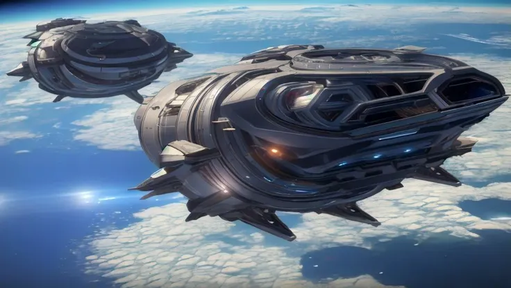 photorealistic shot of a spaceship, emauromin style, <lora:sc-20:1>, planet, caustics, realistic design, from space, volumetric lighting <lora:eddiemauroLora2 (Elegant):0.21>,
