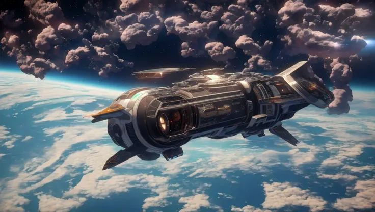 photorealistic shot of a spaceship, emauromin style, <lora:sc-20:1>, planet, caustics, realistic design, from space, volumetric lighting <lora:eddiemauroLora2 (Elegant):0.21>,