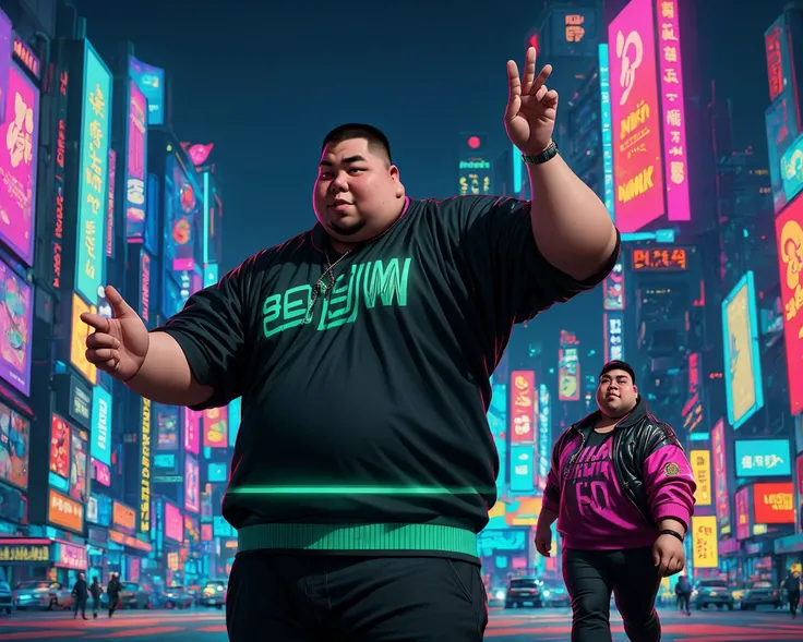 (masterpiece, best quality, style of Tim Blandin), upper-body shot of a fat asian man wearing a cyberpunk outfit, cyberpunk city dancing