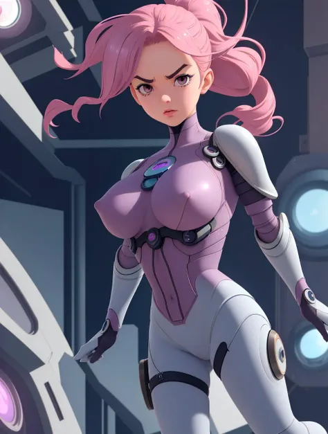 Lovable realistic anime portrait of a female in her Late twenties woman in Futuristic dystopian city viewpoint with genetically enhanced entertainment performers,at midday, Wearing an Omni-View Helmet, a seamless, polished sphere, iridescent under light., Wearing an enhanced mobility exoskeleton spacesuit: powered exoskeleton armor, superior mobility, strength augmentation, fatigue reducing.,Sharp angled bob hairstyle, Blossom Blueberry Blast hair, Raspberry Cream eyes, Scattered eyebrows eyebrows, Diamond body, Round face, Square Chin, Playful facial expression, Steampunk airship navigation room with maps and navigation instruments background, shirt overhang, nipple slip, caustics, bloom, bokeh, cel-shading, cel shading, ((heavy breasts, hanging breasts, sagging breasts)), weighing breasts, cinematic disney pixar anime,