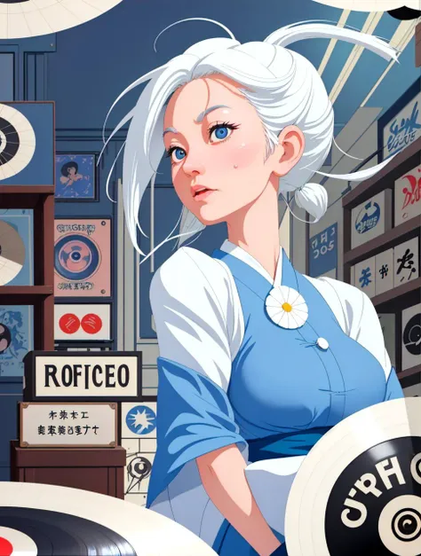 masterpiece upper body shot of a japanese woman with white hair and blue eyes, Surprise facial expression, Vintage vinyl record store with racks of records and listening stations, caustics, light rays, disney pixar anime, bloom, realisitic,