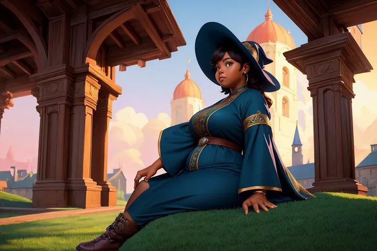 (masterpiece, best quality, style of Tim Blandin), wide shot of a chubby black woman wearing a wizard outfit, fantastic town sitting