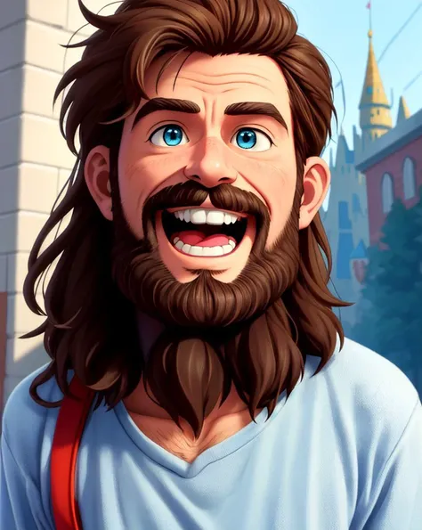 masterpiece disney pixar anime close-up of a homeless guy with a big wide smile, scruffy beard, knit hait