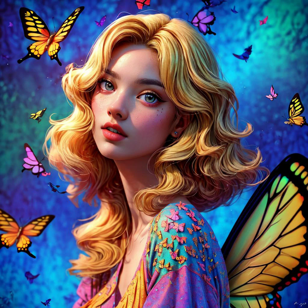 masterpiece, best quality, wide-angle Hyperdetailed, masterpiece, best quality, 8k, natural lighting, soft lighting, full body shot of a (beautiful blonde woman, butterflys in hair, wearing a colorful dress, colorful background:1.3), HDR (High Dynamic Range), Maximum Clarity And Sharpness, Multi-Layered Textures, <lora:add_detail:0.4>, <lora:PAseerShadowofButterflyV2:0.2> <lora:JW:0.4> <lora:LAS:0.4>, Photorealistic, Hyperrealistic, Hyperdetailed, analog style, detailed skin, matte skin, soft lighting, subsurface scattering, realistic, heavy shadow, masterpiece, best quality, ultra realistic, 8k, golden ratio, Intricate, High Detail, film photography, soft focus