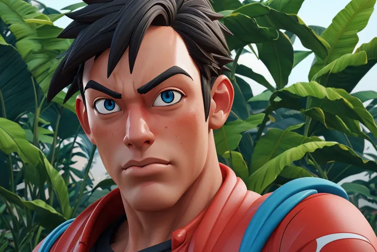 ((masterpiece, best quality, 3d render in the style of [ghibli|akira toriyama|makoto shinkai], highly detailed face and eyes)), portrait of a muscular man wearing a pokemon trainer outfit, jungle background, solo focus