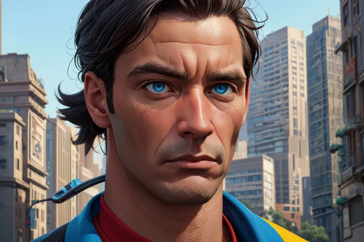 ((masterpiece, best quality, [photorealistic|surrealist] shot in the style of [Richard Anderson|Ralph Angus McQuarrie], highly detailed face and eyes)), portrait of a muscular man wearing a pokemon trainer outfit, city background, solo focus