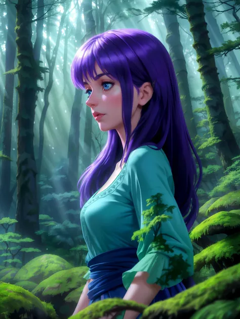 masterpiece upper body shot of a turkish woman with violet hair and blue eyes, Boredom facial expression, Misty forest with moss-covered trees, caustics, light rays, disney pixar anime, bloom, realisitic,