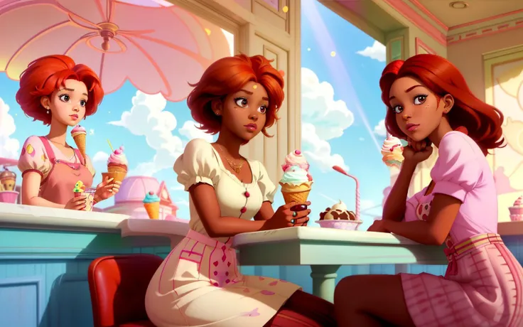masterpiece upper body shot of a african woman with red hair and brown eyes, Boredom facial expression, Charming ice cream parlor with pastel colors and delicious sundaes, caustics, light rays, disney pixar anime, bloom, realisitic,