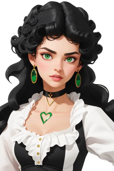 4K, Masterpiece, highres, absurdres, 1girl, solo, looking at viewer, simple background, black hair, white background, green eyes, upper body, choker, lips, black choker, curly hair, realistic, with edgMarquise hairstyle,face focus, face shot, portrait <lora:edgMarquise:1>
