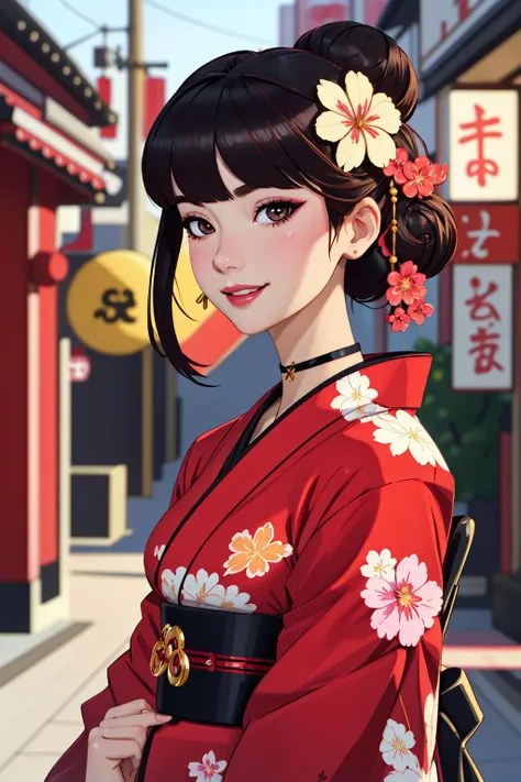 4K, Masterpiece, highres, absurdres,natural volumetric lighting and best shadows, deep depth of field, sharp focus, soft delicate beautiful attractive face,vandread,blonde Nadia with sunglasses and a choker , smiling, vandread drawing style, 1girl, solo, black hair, hair ornament, upper body, flower, japanese clothes, hair flower, kimono, hair bun, blurry, lips, blurry background, floral print, realistic, red kimono, with a edgJapan haircut <lora:Dita:0.25> <lora:Nadia:0.35> <lora:zeronis:1> <lora:edgJapan:1>