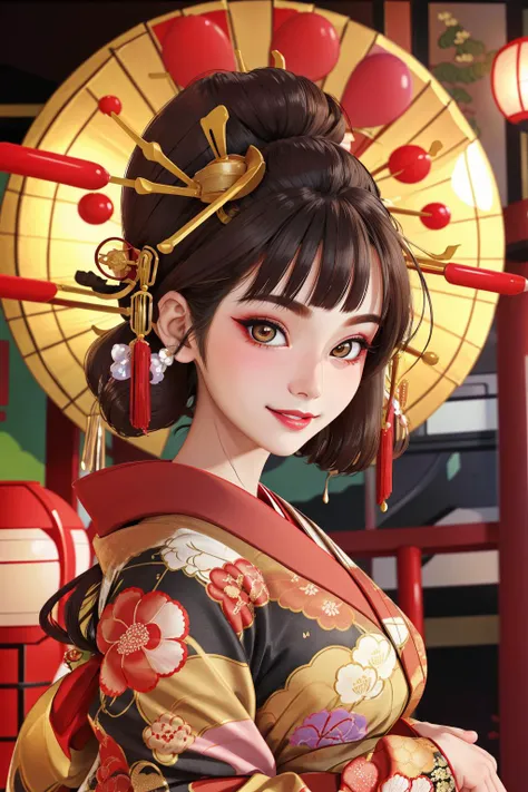 4K, Masterpiece, highres, absurdres,natural volumetric lighting and best shadows, smiling,deep depth of field,soft delicate beautiful attractive face, beautiful edgOiran_woman, a woman in a kimono posing for a picture ,perfect edgOiran_face,perfect edgOiran_body,edgOiran_makeup,edgOiran_hairstyle<lora:OiranbyEDG:0.8>