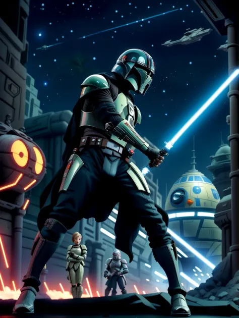 masterpiece shot of a star wars scene with the mandalorian holding a light saber at night on coruscant , mandalorian helmet, disney pixar anime style, cnm <lyco:sw-15:0.4> <lyco:light_saber_v2:0.3> <lyco:jstyle-15:0.3> <lyco:djzJohnsonDesuZenkaiV15-lyco:0.3>, ghostshell, js, fighting stance with light saber,