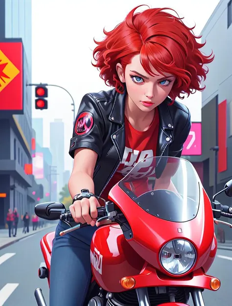 masterpiece, best quality, high quality, realistic, detailed lips, detailed face, detailed eyes, 1girl, leather jacket, red t-shirt, jeans, neon lights, cyberpunk, cyberpunk, riding motorcycle, punk curly hair, red hair, short hair, hair blowing in wind, moving fast, city road, realistic, detailed face, detailed skin, detailed lips, masterpiece, high quality,