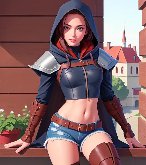 masterpiece, best quality, high quality, realistic, detailed lips, detailed face, detailed eyes, 1girl, cloak, hood, hood up, rogue, thigh boots, shorts, crop top, leather armor