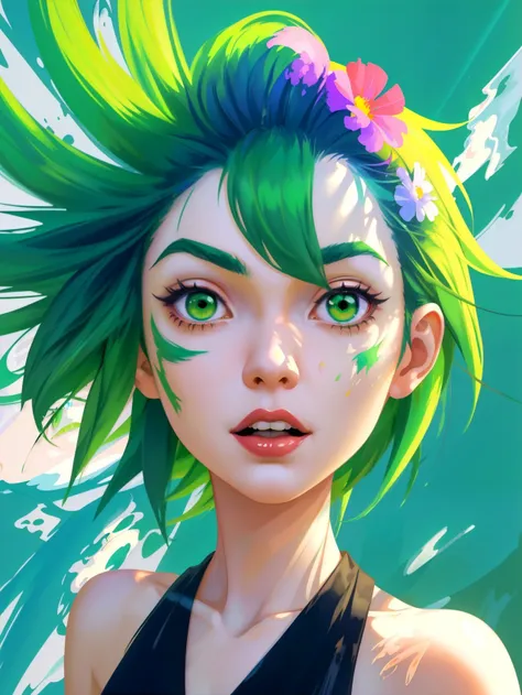 masterpiece upper body shot of a japanese woman with green hair and green eyes, Surprise facial expression, Modern art gallery with abstract paintings, caustics, light rays, disney pixar anime, bloom, realisitic,