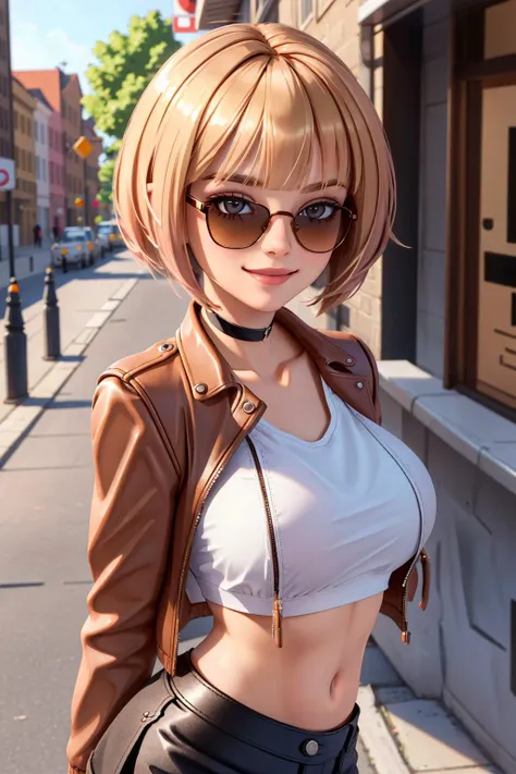 4K, Masterpiece, highres, absurdres,natural volumetric lighting and best shadows, deep depth of field, sharp focus, smiling,soft delicate beautiful attractive face, blonde Nadia with sunglasses and a choker, leather jacket, miniskirt,parted lips, smile, with an edgBobCut_hairstyle posing for a picture, blunt bangs, cowboy shot,big boobs<lora:Nadia:0.3> <lora:edgBobCut:1>