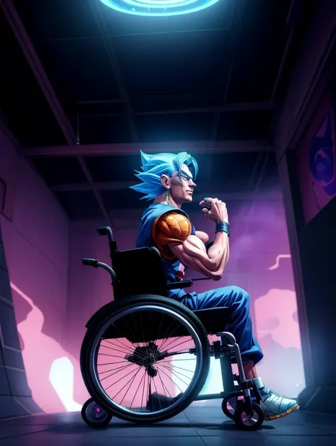 masterpiece upper-body portrait of vegetto in a cyberpunk wheelchair, <lora:wheelchair-20:0.3>, solo, solo focus <lora:db_vegetto:1>, blue eyes, male focus, muscular, 3/4 perspective, disney pixar anime style, dawn caustics, sc cig, <lora:SD15_sc-07:0.1> <lora:add_detail:1>, volumetric fog