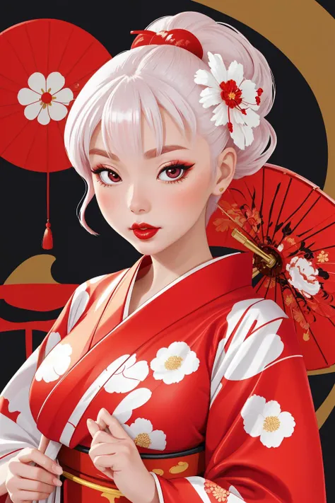 Masterpiece, 4K, beautiful, kimono, red, white flower pattern,silk kimono, shiny kimono,red kimono belt with white flower pattern and a golden rope,woman wearing the kimono, geisha hair,Kyoto background, bimbo, glossy, detailed background, facing he viewer, posing for a picture, (puffy lips, lipstick:1.2), big boobs<lora:Kimono:0.655>