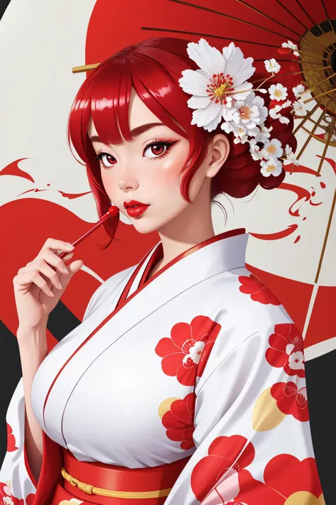 Masterpiece, 4K, beautiful, kimono, red, white flower pattern,silk kimono, shiny kimono,red kimono belt with white flower pattern and a golden rope,woman wearing the kimono, geisha hair,Kyoto background, bimbo, glossy, detailed background, facing he viewer, posing for a picture, (puffy lips, lipstick:1.2), big boobs<lora:Kimono:0.655>