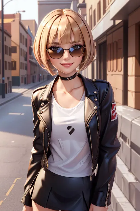 4K, Masterpiece, highres, absurdres,natural volumetric lighting and best shadows, deep depth of field, sharp focus, smiling,soft delicate beautiful attractive face, blonde Nadia with sunglasses and a choker, leather jacket, miniskirt,parted lips, smile, with an edgBobCut_hairstyle posing for a picture, blunt bangs, cowboy shot,<lora:Nadia:0.3> <lora:edgBobCut:1>