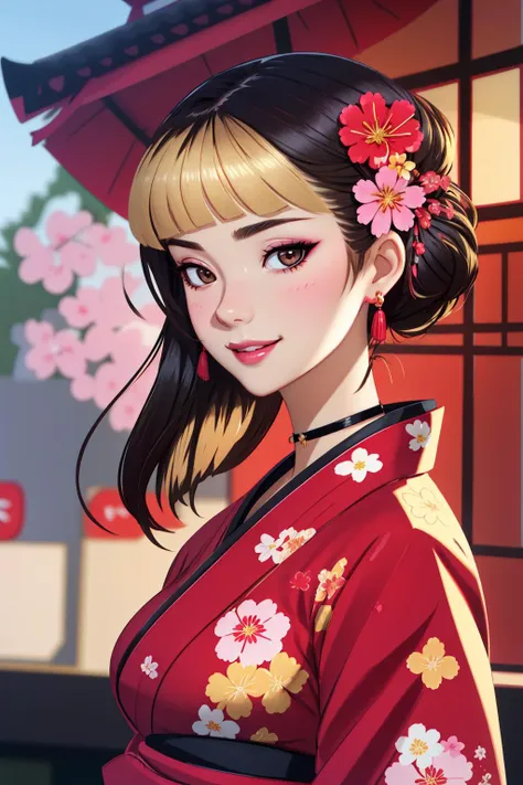 4K, Masterpiece, highres, absurdres,natural volumetric lighting and best shadows, deep depth of field, sharp focus, soft delicate beautiful attractive face,vandread,blonde Nadia with sunglasses and a choker , smiling, vandread drawing style, 1girl, solo, black hair, hair ornament, upper body, flower, japanese clothes, hair flower, kimono, hair bun, blurry, lips, blurry background, floral print, realistic, red kimono, with a edgJapan haircut <lora:Dita:0.25> <lora:Nadia:0.35> <lora:zeronis:1> <lora:edgJapan:1>