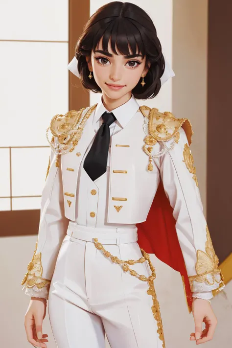 4K, Masterpiece, highres, absurdres, solo, shirt, black hair, standing, jacket, smiling,white shirt, female focus, necktie, pants,fair skin, parody, cute female, realistic, beautiful esd_woman wearing epMatador outfit,perfect esd_face <lora:epMatador1:1> <lora:esd:0.6>
