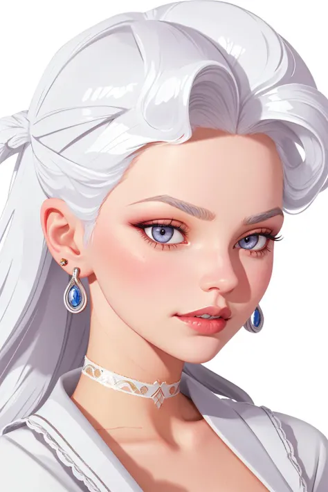 4K, Masterpiece, highres, absurdres, 1girl, solo, looking at viewer, simple background, white background, jewelry, white hair, earrings, teeth, choker, lips, grey eyes, makeup, lipstick, portrait, realistic, with edgMarquise hairstyle,((cowboy shot)) <lora:edgMarquise:0.8>