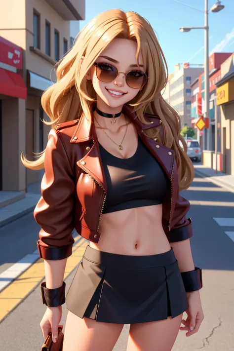 4K, Masterpiece, highres, absurdres,natural volumetric lighting and best shadows, deep depth of field, sharp focus, smiling,soft delicate beautiful attractive face, blonde Nadia with sunglasses and a choker, leather jacket, miniskirt,parted lips, smile, with a edgWavy_hairstyle posing for a picture,wavy hair, cowboy shot,big boobs,<lora:Nadia:0.35> <lora:edgWavy:0.57>