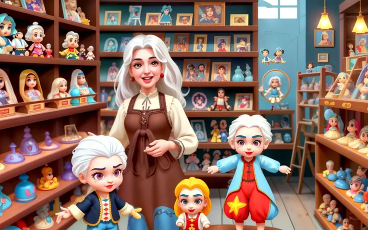 masterpiece upper body shot of a turkish woman with white hair and brown eyes, Laugh facial expression, Vintage toy store with shelves filled with antique toys and dolls, caustics, light rays, disney pixar anime, bloom, realisitic,
