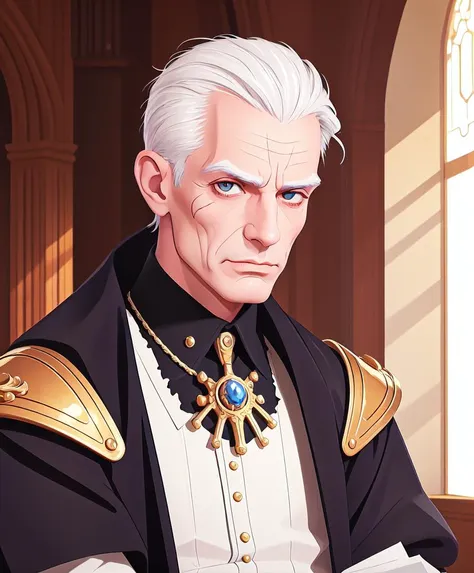 masterpiece, best quality, high quality, realistic, detailed lips, detailed face, detailed eyes, 1boy, frills, decadent noble, warhammer 40k, gold trim, medieval finery, skinny, belt, sheathed sword, gothic architecture, great hall, indoors, smug, (old man:1.2), bald, pale skin, pallid, cable, scar on face, gaunt, liver spots, sickly, ruffled collar, ruff