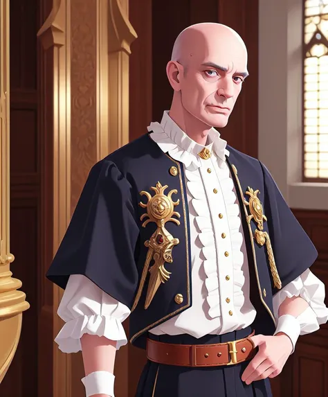 masterpiece, best quality, high quality, realistic, detailed lips, detailed face, detailed eyes, 1boy, frills, decadent noble, warhammer 40k, gold trim, medieval finery, skinny, belt, sheathed sword, gothic architecture, great hall, indoors, smug, (old man:1.2), bald, pale skin, pallid, cable, scar on face, gaunt, liver spots, sickly, ruffled collar, ruff