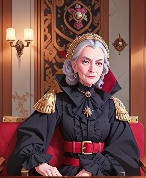 masterpiece, best quality, high quality, realistic, detailed lips, detailed face, detailed eyes, 1girl, frills, decadent noble, (warhammer 40k:1.2), gold trim, medieval finery, skinny, belt, gothic architecture, great hall, indoors, smug, (old woman:1.3),  pale skin, pallid, cable, scar on face, gaunt, liver spots, sickly, ruffled collar, ruff, (science fiction:1.1), grimdark, coat, epaulettes, victorian, frank herbert's dune, baroque, wrinkles, mature female