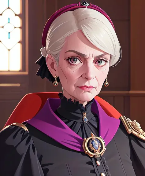 masterpiece, best quality, high quality, realistic, detailed lips, detailed face, detailed eyes, 1girl, frills, decadent noble, (warhammer 40k:1.2), gold trim, medieval finery, skinny, belt, gothic architecture, great hall, indoors, smug, (old woman:1.3),  pale skin, pallid, cable, scar on face, gaunt, liver spots, sickly, ruffled collar, ruff, (science fiction:1.1), grimdark, coat, epaulettes, victorian, frank herbert's dune, baroque, wrinkles, mature female