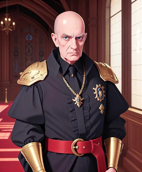 masterpiece, best quality, high quality, realistic, detailed lips, detailed face, detailed eyes, 1boy, frills, decadent noble, warhammer 40k, gold trim, medieval finery, skinny, belt, sheathed sword, gothic architecture, great hall, indoors, smug, (old man:1.2), bald, pale skin, pallid, cable, scar on face, gaunt, liver spots, sickly, ruffled collar, ruff