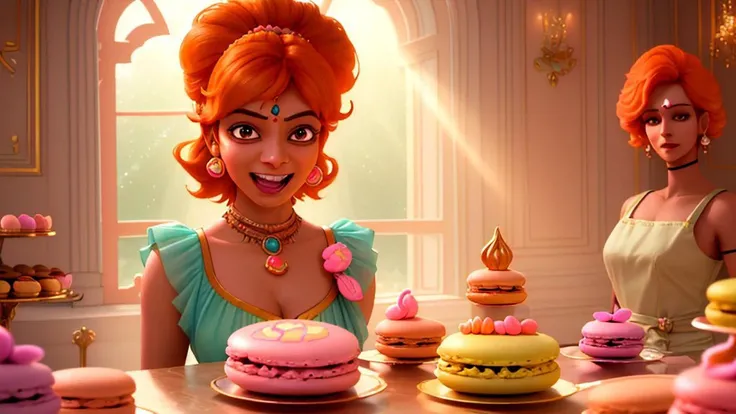solo, solo focus,, masterpiece upper body shot of a indian woman with orange hair and brown eyes, Laugh facial expression, Decadent French patisserie with pastel macarons, caustics, light rays, disney pixar anime, bloom, realisitic,