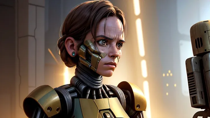 solo, solo focus, masterpiece close-up portrait of a woman wearing tactical gear in a tatooine building, light rays, caustics, mechanical parts, wiring, droid, metal jaw