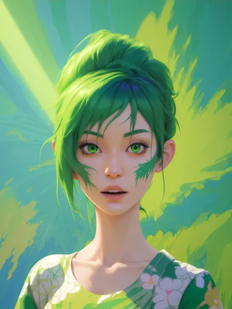 masterpiece upper body shot of a japanese woman with green hair and green eyes, Surprise facial expression, Modern art gallery with abstract paintings, caustics, light rays, disney pixar anime, bloom, realisitic,