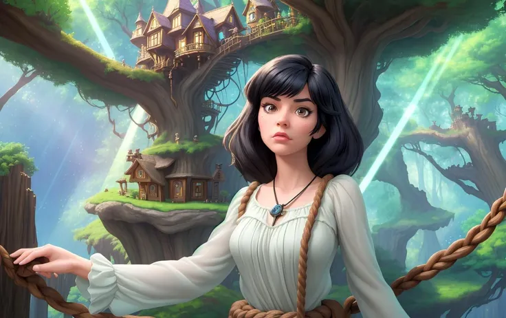 (((solo))),, masterpiece upper body shot of a caucasian woman with black hair and brown eyes, Envy facial expression, Dreamy fairytale treehouse with multiple levels and a rope bridge, caustics, light rays, disney pixar anime, bloom, realisitic,