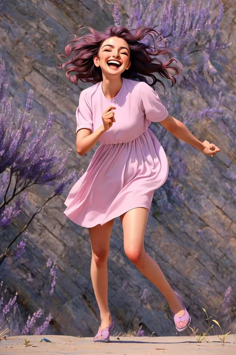 ((((masterpiece, best quality, full-body shot, photorealistic action shot, laughing, opened eyes face expression, complex background)))), Middle Eastern woman with eyes:mauve and hair:lavender wearing casual outfit solo focus