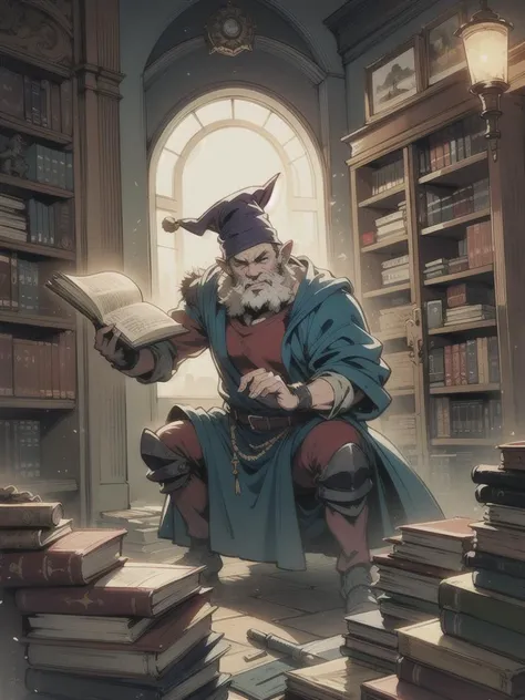 dnd style dwarf wizard in a library filled with spell books and scrolls