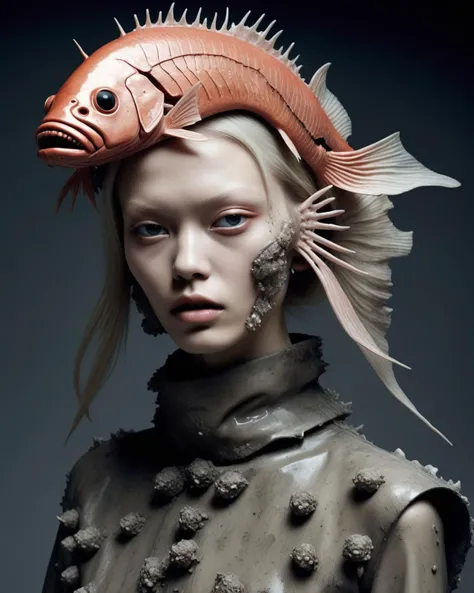 (sasha luss:0.4) Mutated fashion designs, post-apocalyptic accessories, grotesque deformities as inspiration, haute couture born from nuclear fallout. Fashion pieces are embellished with oozing fish roe, resembling mutated growths, symbolizing the horrors of genetic mutations. These haunting creations are showcased in Mutant Vogue Monthly, set against a backdrop of a desolate wasteland where fashion reflects the macabre consequences of radioactive decay.,detailed, ,, <lora:Bas_Waijers_-_Artstyle_Style_SDXL:0.7>